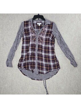 Vintage America Women’s Long-Sleeve Plaid Embroidered Button-Down Shirt Purple S